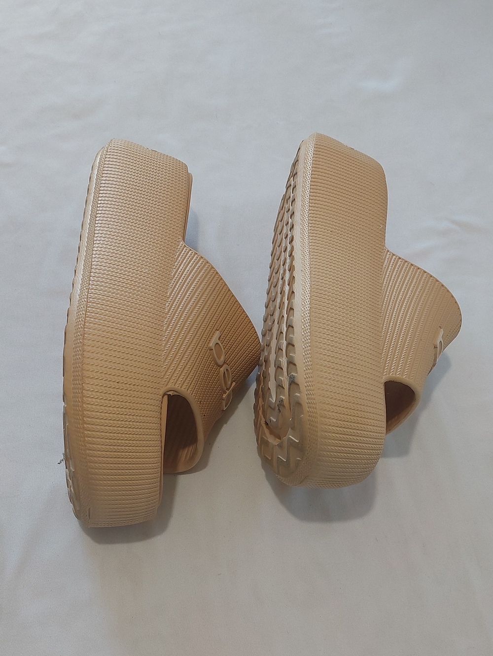 bebe Nude/Tan Slide Sandals with Logo Strap.Size 9 .Platforms Are Around 3" - Picture 2 of 6